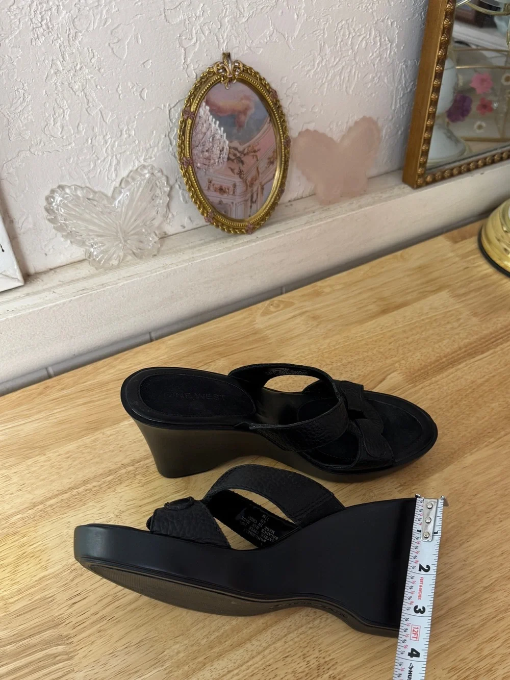Nine West Black Leather Platform Wedge Slide Sandals Size 7.5 Y2K Minimalist
